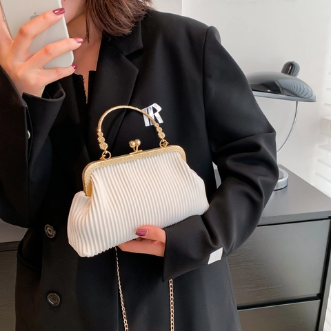 Borsa da Sera Vintage Plissettata Donna in Pelle PU Chiusura Kiss-lock a Scatola Quadrata con Manico in Metallo Oro e Tracolla