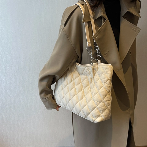 Urban Simple Woolen Quilted Tote Bag Diamond Pattern Chain Shoulder Bag Large Capacity Solid Color Fashion Handbag For Women