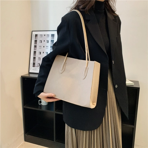 Bolso Tote de Fieltro de Poliéster Minimalista para Mujer Gran Capacidad Color Sólido Bolso de Hombro Simple Viaje al Trabajo Bolso de Axila Con Hebilla Magnética