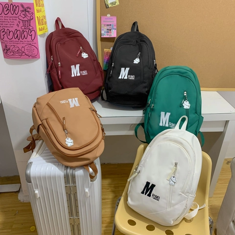 Retro Akademie Stil Große Kapazität Damen Rucksack Nylon Schultasche Student Laptop Rucksack Mit Bär Anhänger Buchstabendruck