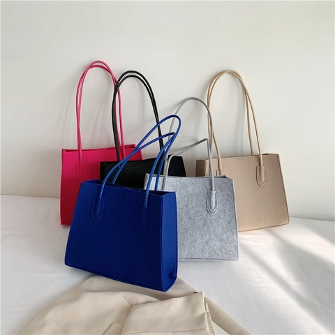 Bolso Tote de Fieltro de Poliéster Minimalista para Mujer Gran Capacidad Color Sólido Bolso de Hombro Simple Viaje al Trabajo Bolso de Axila Con Hebilla Magnética