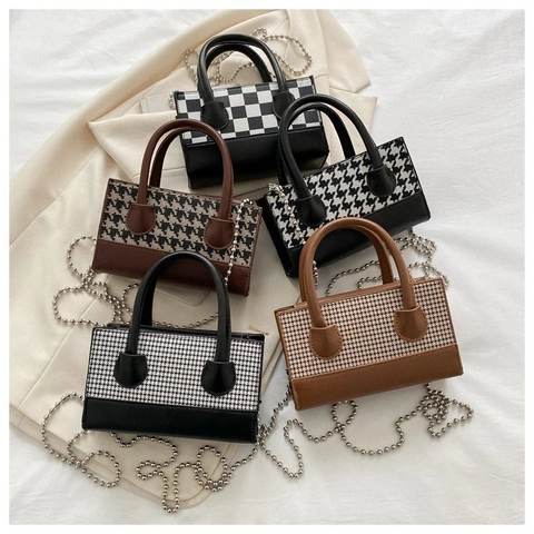 Women Retro Houndstooth Checkerboard Shoulder Bag With Metal Ball Chain PU Leather Fashion Crossbody Handbag Small Square Bag