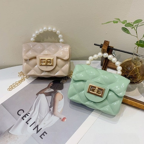 Mini Crossbody Bag PVC Jelly Quilted Shoulder Bag With Artificial Pearl Handle And Metal Chain For Girls Kids Candy Color