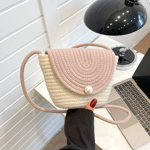 Women Handwoven Cotton Rope Straw Bag Small Crossbody Bag With Artificial Pearl Decor Cute Vacation Summer Shoulder Bag