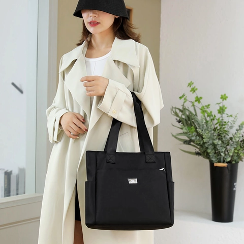 Large Capacity Canvas Tote Bag For Women Fashion Solid Color Shoulder Bag Stylish Commuting Handbag With Multi Pockets