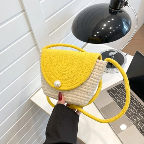 Women Handwoven Cotton Rope Straw Bag Small Crossbody Bag With Artificial Pearl Decor Cute Vacation Summer Shoulder Bag