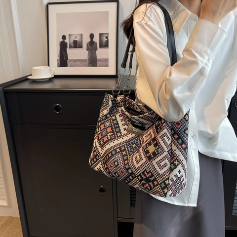 Ethno Geometrisches Muster Gewebte Tragetasche Retro Canvas Große Kapazität Umhängetasche Mit Metallkette Für Damen Alltag