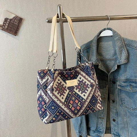Ethno Geometrisches Muster Gewebte Tragetasche Retro Canvas Große Kapazität Umhängetasche Mit Metallkette Für Damen Alltag