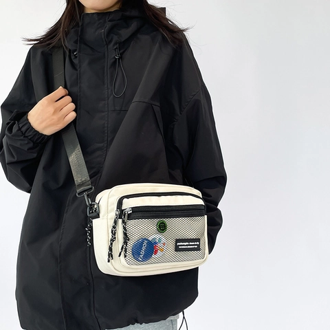 Borsa a Tracolla in Nylon Stile Giapponese per Donna Uomo Studente Patchwork Distintivo Borsa a Spalla Scuola