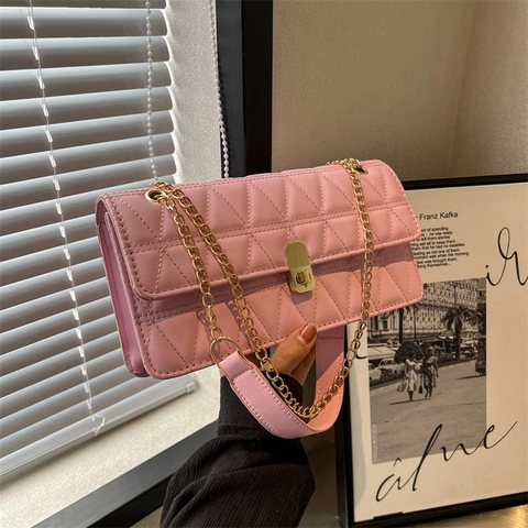 Borsa a Spalla da Donna in Pelle PU Trapuntata Geometrica Stile Coreano Borsa a Tracolla a Catena Quadrata Piccola Urbana Semplice