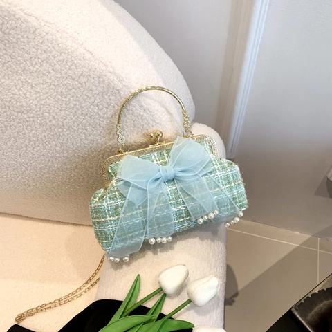 Élégant Sac à Épaule en Tweed Style Coréen avec Nœud Papillon pour Femmes Chaîne en Perles Forme de Coquille Sac à Main de Soirée