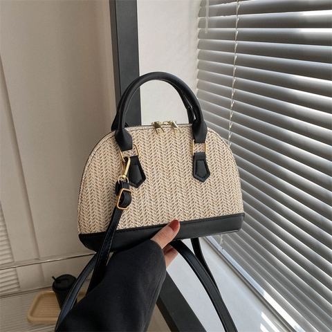 Borsa a Tracolla a Conchiglia in Cotone Intrecciato da Donna Borsa a Mano Piccola in Stile Paglia Casual Con Finiture in PU