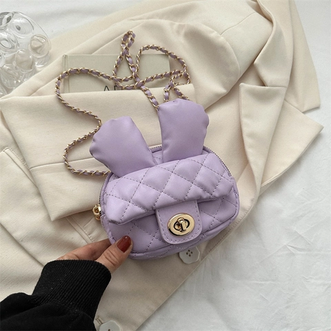 Borsa a Tracolla a Forma di Orecchie di Coniglio per Donna Ragazza in Pelle PU Trapuntata a Rete con Catena Piccola Quadrata
