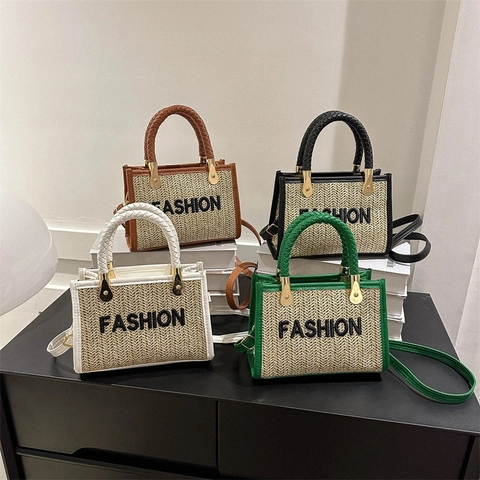 Damen Stroh Gewebte Handtasche Buchstaben Bestickt Umhängetasche Sommer Strand Tote Tasche Kleine Quadratische Schultertasche