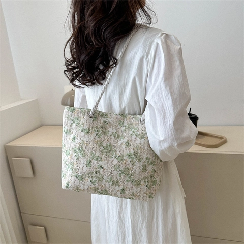 Borsa Tote in Paglia con Fiori in Pizzo per Donna Grande Capacità Borsa a Tracolla con Manico in Corda di Cotone Spiaggia
