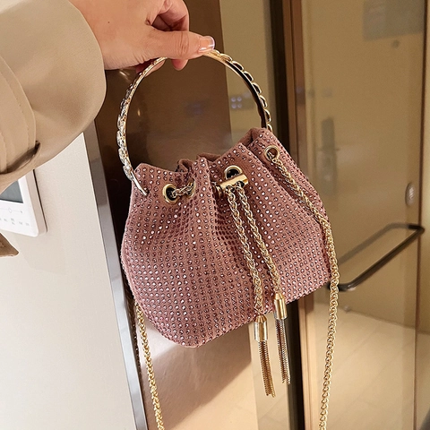 Lujoso Bolso Bombonera de Pedrería para Mujer Bolso de Lana con Asa Circular Dorada Borla Cadena Evento Fiesta de Gala