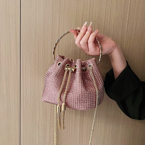 Lujoso Bolso Bombonera de Pedrería para Mujer Bolso de Lana con Asa Circular Dorada Borla Cadena Evento Fiesta de Gala