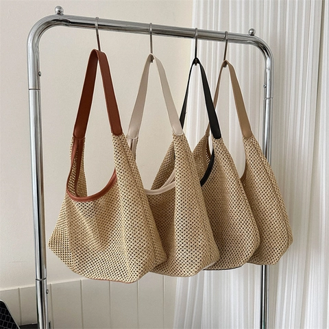 Womens Fashion Woven Tote Bag Casual Large Capacity Straw Shoulder Bag Summer Vacation Retro Hollow Handbag