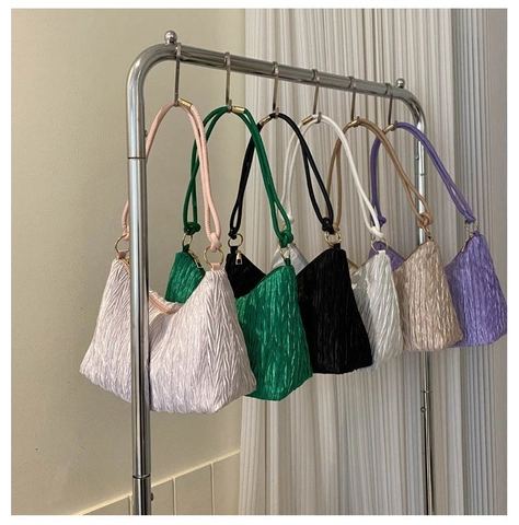 Bolso de Hombro para Mujer Estilo Coreano Bolso de Axila de Nylon Plisado Minimalista Color Sólido Casual Viaje Diario