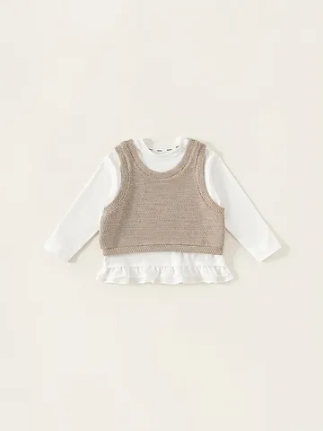 Completo 2 Pezzi da Bambina in Cotone con Camicia a Balze a Maniche Lunghe e Gilet in Maglia per la Primavera e l'Autunno