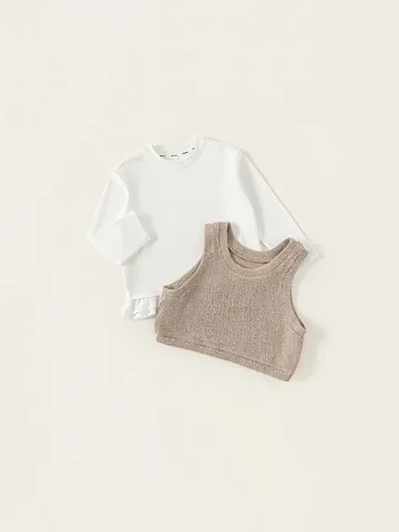 Completo 2 Pezzi da Bambina in Cotone con Camicia a Balze a Maniche Lunghe e Gilet in Maglia per la Primavera e l'Autunno