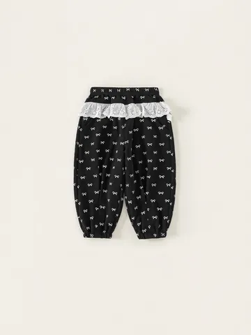 Pantaloni Sportivi Casual da Bambina Con Stampa a Fiocco e Bordo in Pizzo Bianco Misto Cotone Morbido Autunno Vita Elastica