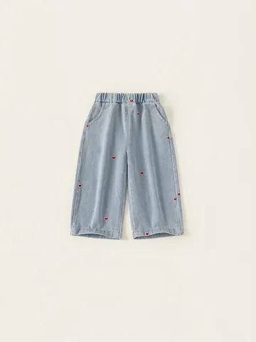 Kids Girls Heart Embroidered Wide Leg Denim Jeans Elastic Waist Loose Casual Denim Blue Cotton Blend Long Pants Spring Autumn