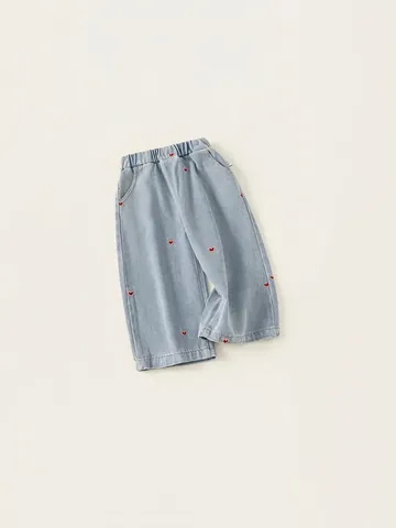 Kids Girls Heart Embroidered Wide Leg Denim Jeans Elastic Waist Loose Casual Denim Blue Cotton Blend Long Pants Spring Autumn