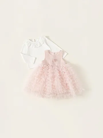Vestido de Princesa para Niñas Cuello de Encaje Blanco Top de Manga Larga y Falda Tutu de Malla Rosa Algodón Floral