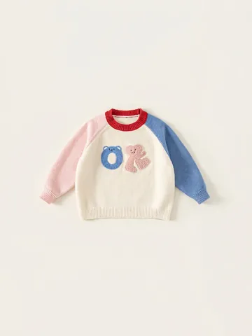 Pull en Tricot Color Block pour Enfants Col Rond Manches Raglan Broderie Ours de Dessin Animé Cœur Pull en Mélange d'Acrylique Doux