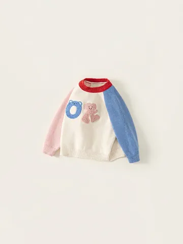 Pull en Tricot Color Block pour Enfants Col Rond Manches Raglan Broderie Ours de Dessin Animé Cœur Pull en Mélange d'Acrylique Doux