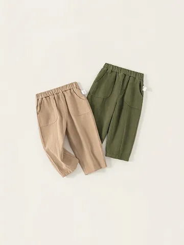 Kids Boys Casual Cotton Solid Color Long Pants Elastic Waist Pocket Design Spring Autumn Straight Leg Comfortable Trousers