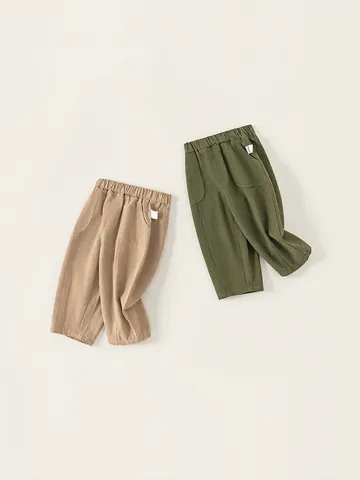Kids Boys Casual Cotton Solid Color Long Pants Elastic Waist Pocket Design Spring Autumn Straight Leg Comfortable Trousers
