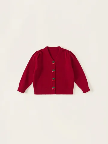 Cardigan in Maglia Rossa Dolce da Ragazza Con Bottoni a Forma di Ciliegia Scollo a V Maglione a Maniche Lunghe per Bambini