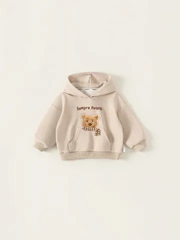 Felpa con Cappuccio da Bambino Casual a Maniche Lunghe con Patch Orso di Peluche 3D Stampa Lettere Albicocca in Misto Cotone