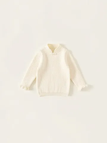Pull en Tricot pour Filles Style Chinois Col Montant Bouton Chinois Perle Manchette Volante Pullover Enfants Automne
