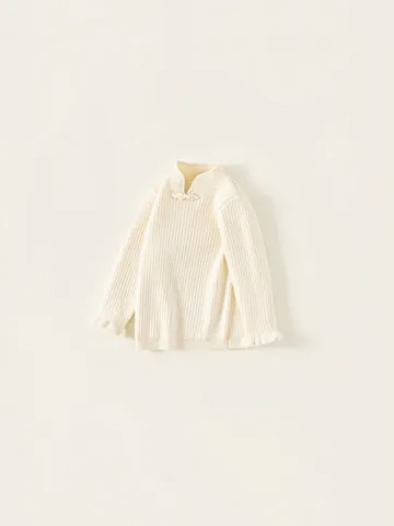 Pull en Tricot pour Filles Style Chinois Col Montant Bouton Chinois Perle Manchette Volante Pullover Enfants Automne