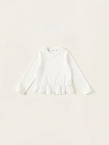 Meisjes Katoen T-Shirt Met Ruches Lange Mouwen Effen Wit Ronde Hals Basislaag Top Voor Kinderen Lente Herfst Kleding