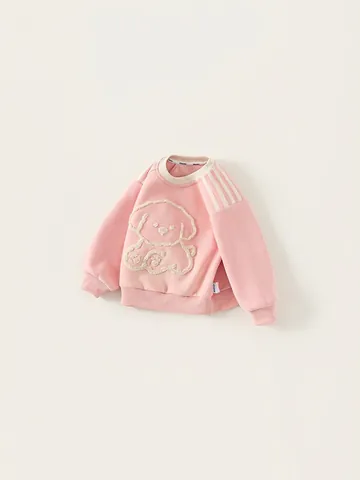 Sweat-shirt à Manches Longues pour Filles en Mélange de Coton Broderie Chien Dessin Animé Col Rond Rose Pullover Enfants