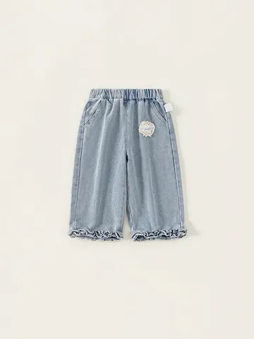 Jeans in Denim Dolce per Ragazze con Orlo a Volant Pantaloni in Misto Cotone Lavato con Patch in Pizzo e Fiocco Casual