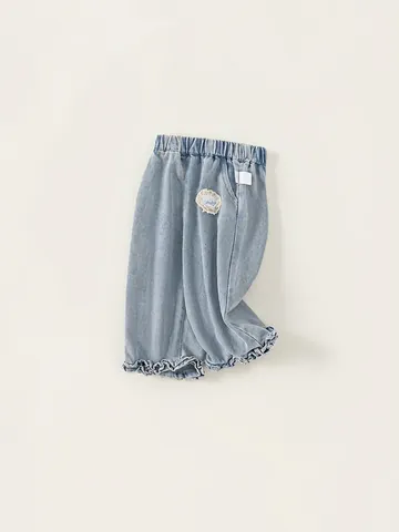 Jeans in Denim Dolce per Ragazze con Orlo a Volant Pantaloni in Misto Cotone Lavato con Patch in Pizzo e Fiocco Casual