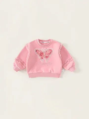 Sweat-shirt Rose Doux pour Filles Broderie Papillon Pull à Manches Longues Garniture en Dentelle Mélange de Coton Doux Haut Décontracté