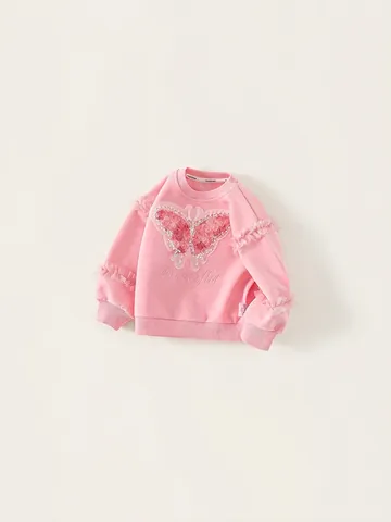Sweat-shirt Rose Doux pour Filles Broderie Papillon Pull à Manches Longues Garniture en Dentelle Mélange de Coton Doux Haut Décontracté