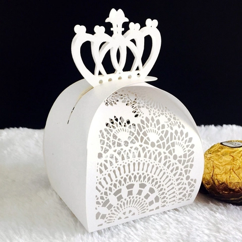 Elegante Scatola per Caramelle in Carta Perlata a Forma di Corona Tagliata al Laser Orecchini Sposa Matrimonio Regalo