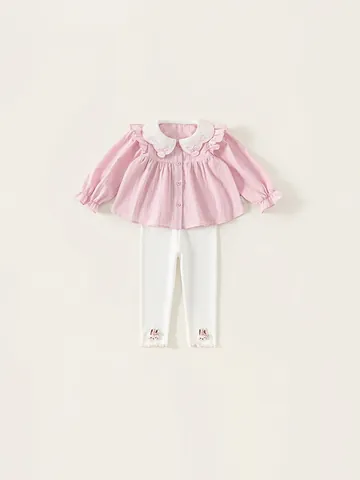 Ensembles de Vêtements pour Fillette Doux Broderie Lapin Chemise à Manches Longues et Pantalon Long Rose Col Claudine
