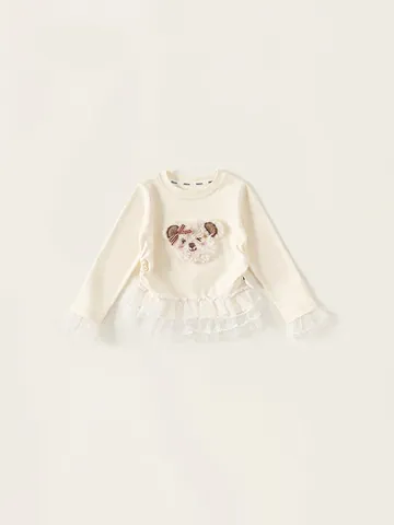 T-Shirt à Manches Longues en Coton Doux pour Filles Avec Bordure en Dentelle Ourlet en Maille à Pois Patch Ours Beige Top Enfant