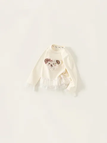 T-Shirt à Manches Longues en Coton Doux pour Filles Avec Bordure en Dentelle Ourlet en Maille à Pois Patch Ours Beige Top Enfant