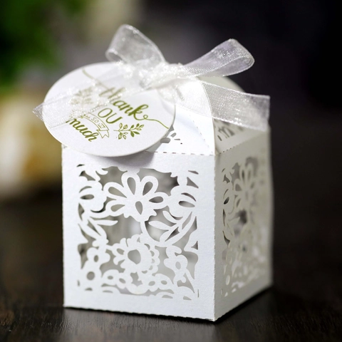 Laser Cut Hollow Floral Wedding Candy Box Pearlescent Paper Gift Boxes With Ribbon For Party Favor Celebration Decoration