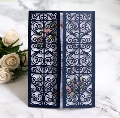 Invitations de Mariage Européennes Découpe au Laser Papier Perlé Floral Filigrane Cartes Creuses pour Fête de Fiançailles Bourgogne Or Blanc Marine