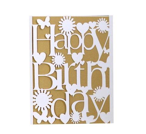 Laser Geschnittene Happy Birthday Karte Hohl Schmetterling Sonnenblume Muster Perlmuttpapier Reflektierende Geburtstagseinladungen Für Party Dekoration